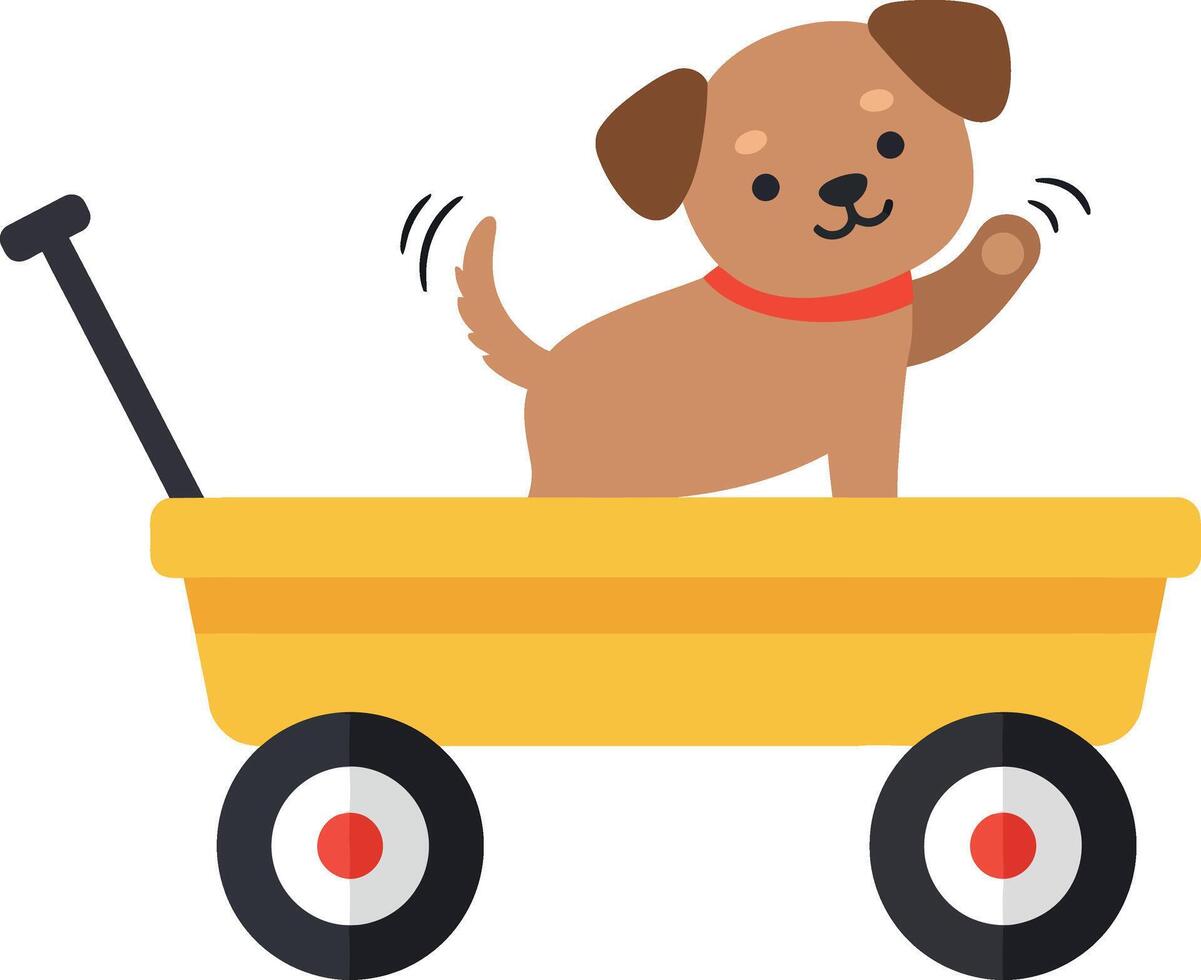 Happy puppy waving from a bright yellow wagon in flat art vector