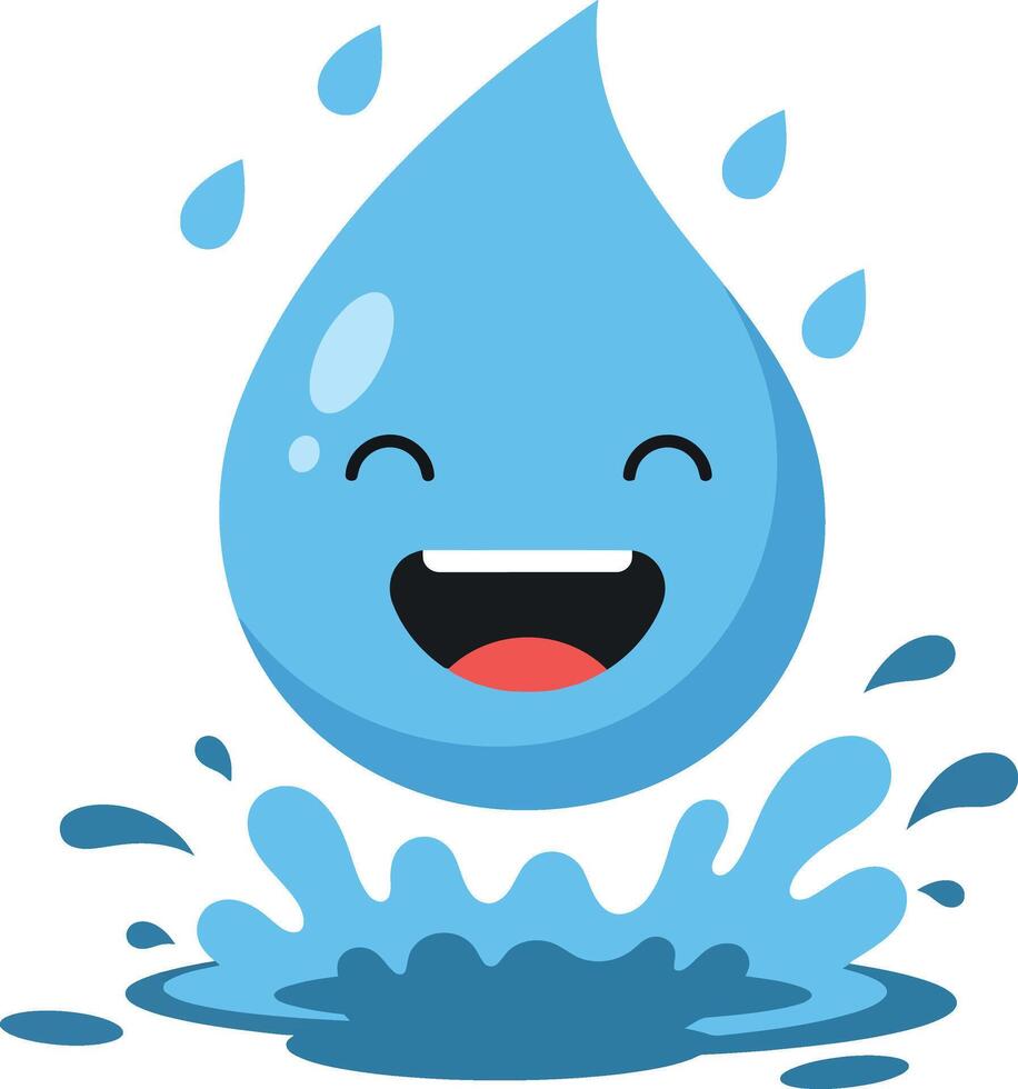 Happy water droplet character splashing joyfully in a playful flat design art vector