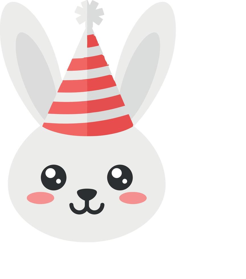 Adorable white rabbit wearing a red striped party hat in flat art vector