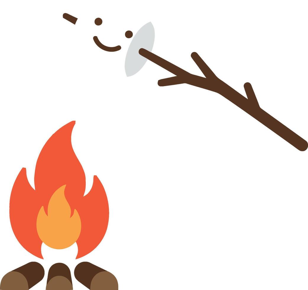 A cheerful marshmallow roasting over a campfire in flat art style vector