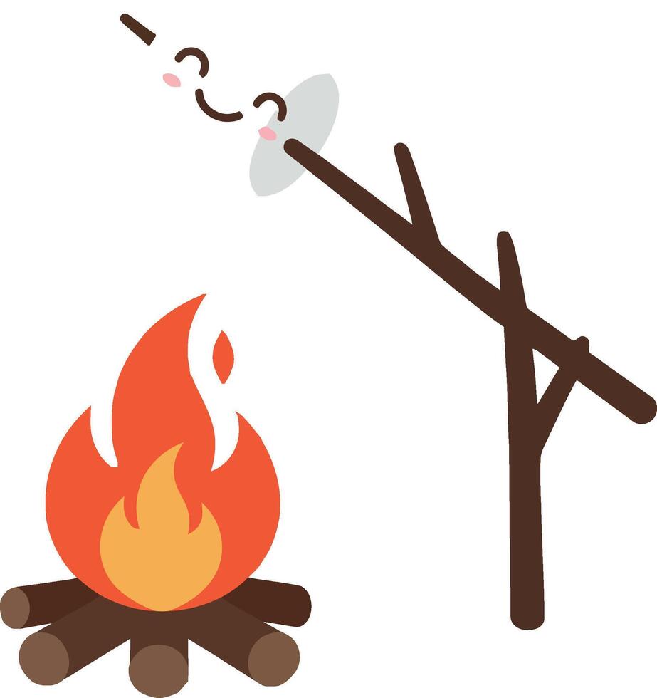 Campfire with roasting marshmallow on stick in a flat design art vector