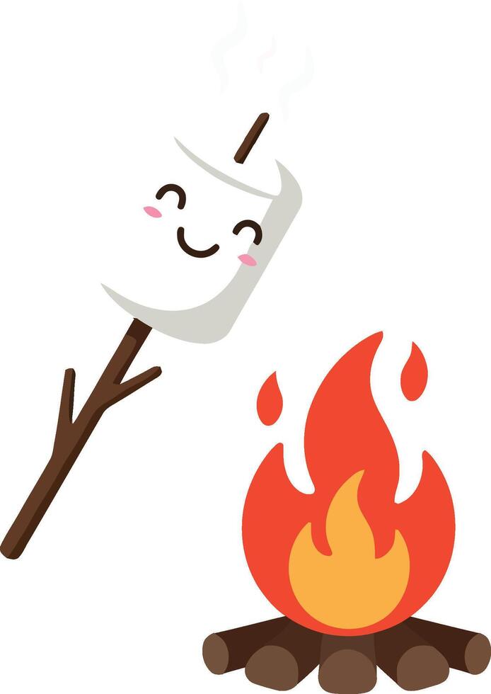 Happy marshmallow roasting over a cheerful campfire in flat art style vector