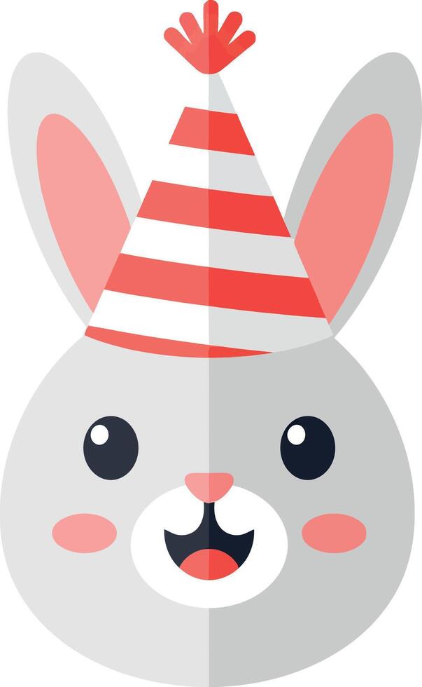 Cute cartoon rabbit wearing a red and white striped party hat in a flat illustration vector