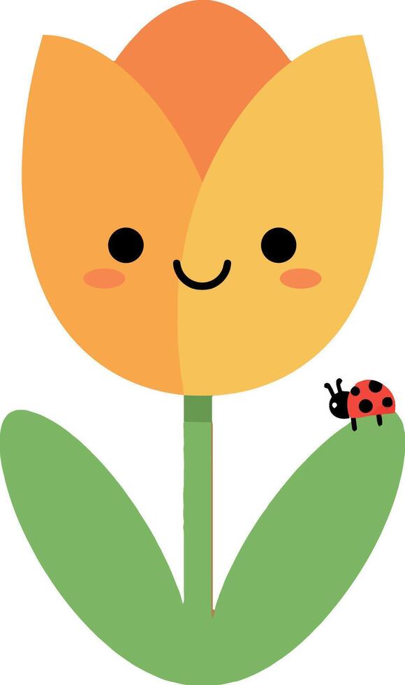 Cheerful yellow tulip with smiling face and adorable ladybug in flat art vector