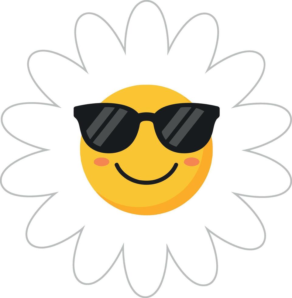 Smiling sun wearing sunglasses surrounded by white petals in minimal art vector