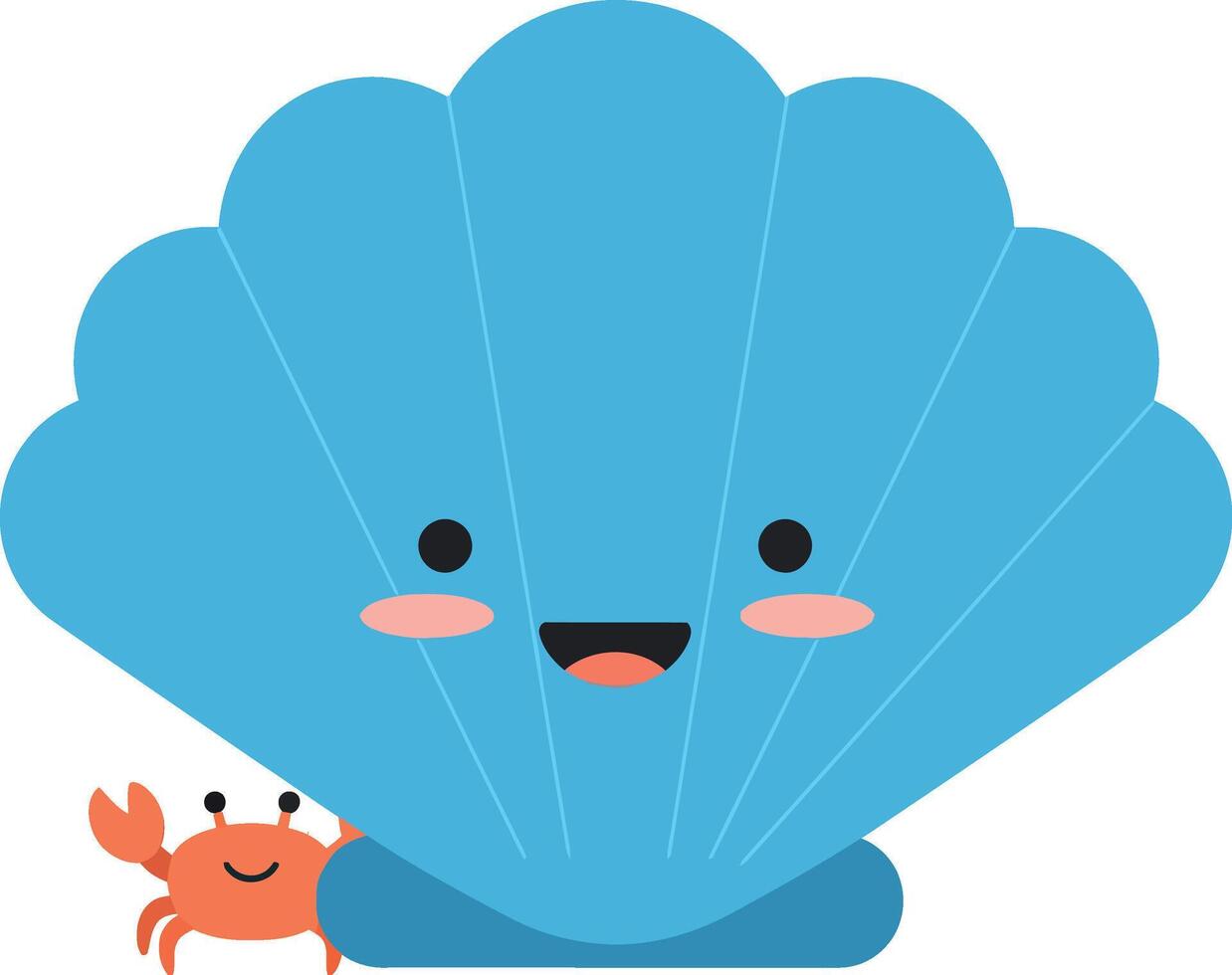 Happy blue shell with a smiling crab in a playful flat illustration vector
