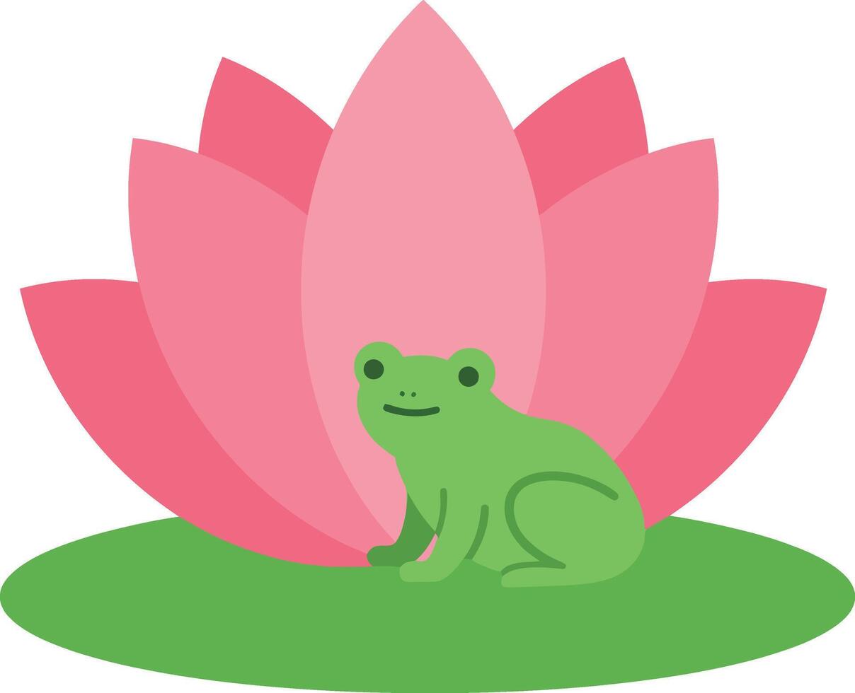 Green frog sitting peacefully on green grass beside a pink lotus flower in flat art vector