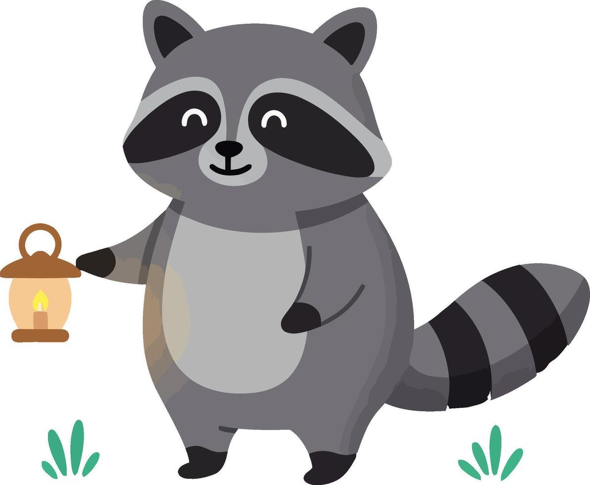 A cheerful raccoon holding a lantern in a grassy setting, minimal illustration vector