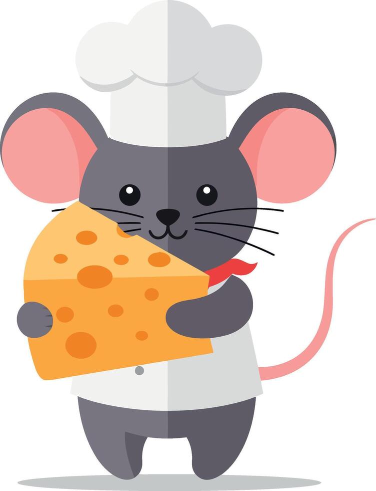 Cute cartoon mouse chef holding a large piece of cheese in flat art vector