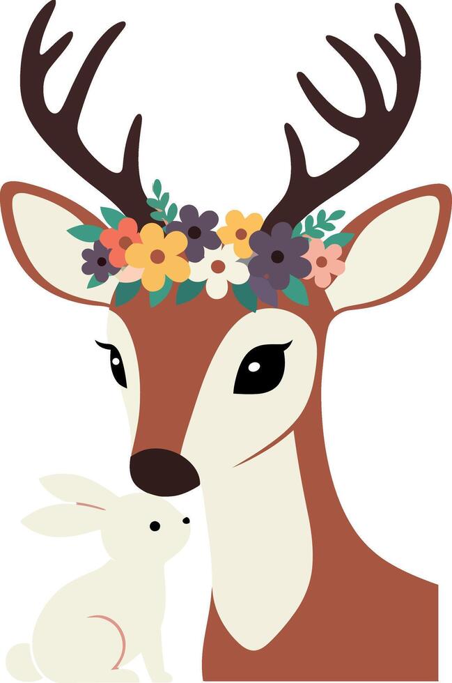 A deer adorned with a floral crown and a small rabbit, minimal illustration vector