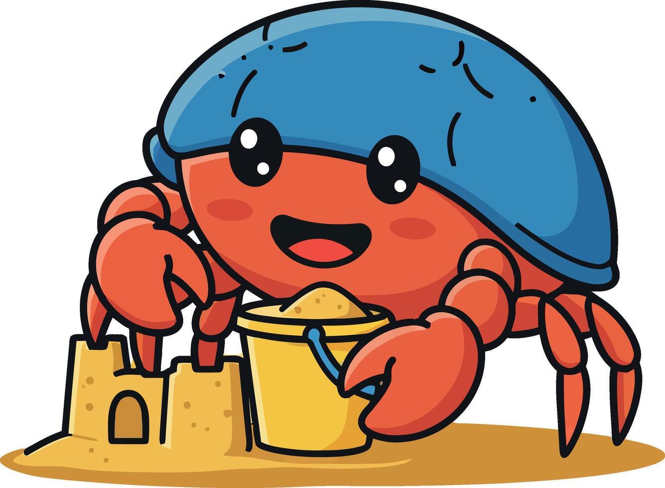 Happy crab building a sandcastle with a yellow bucket in a playful flat art vector