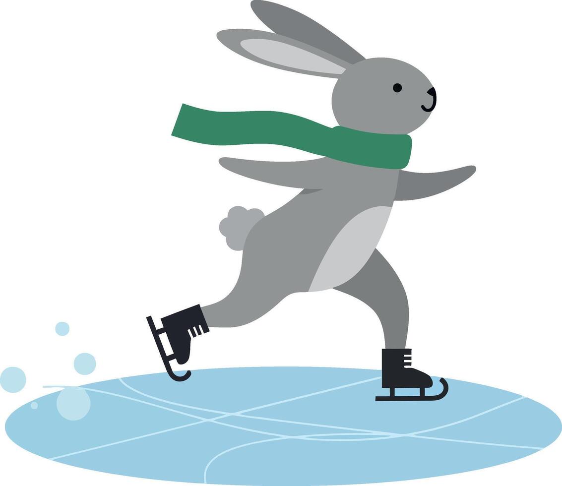 Playful rabbit ice skating on a frozen pond in a minimal illustration vector