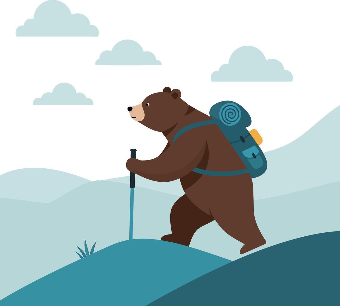 Bear hiking up a mountain trail in a flat illustration style with a serene atmosphere and soft colors in art vector