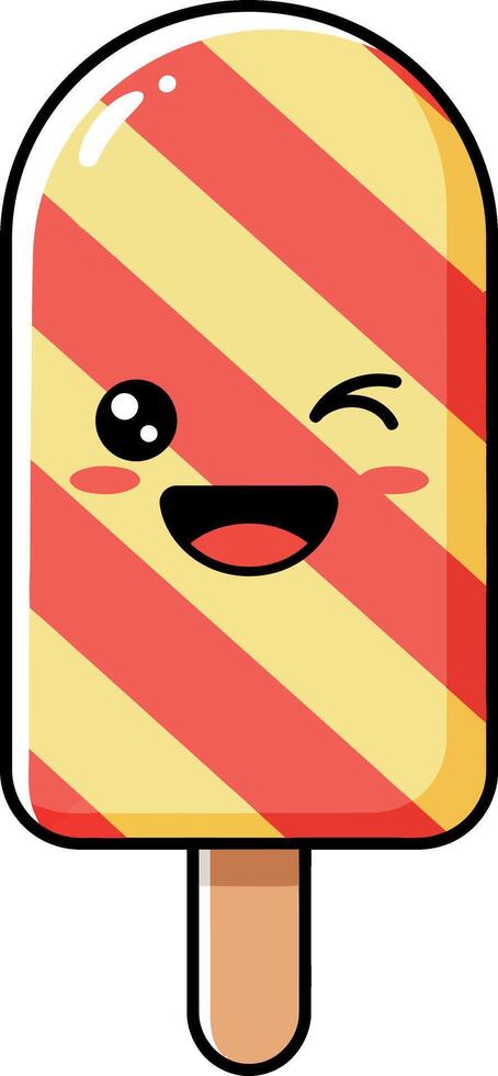 Cheerful ice cream popsicle character with red and yellow stripes in a flat illustration vector
