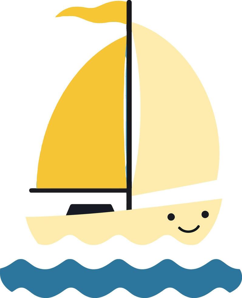 Cute sailboat with a yellow sail floating on blue waves in minimal art vector