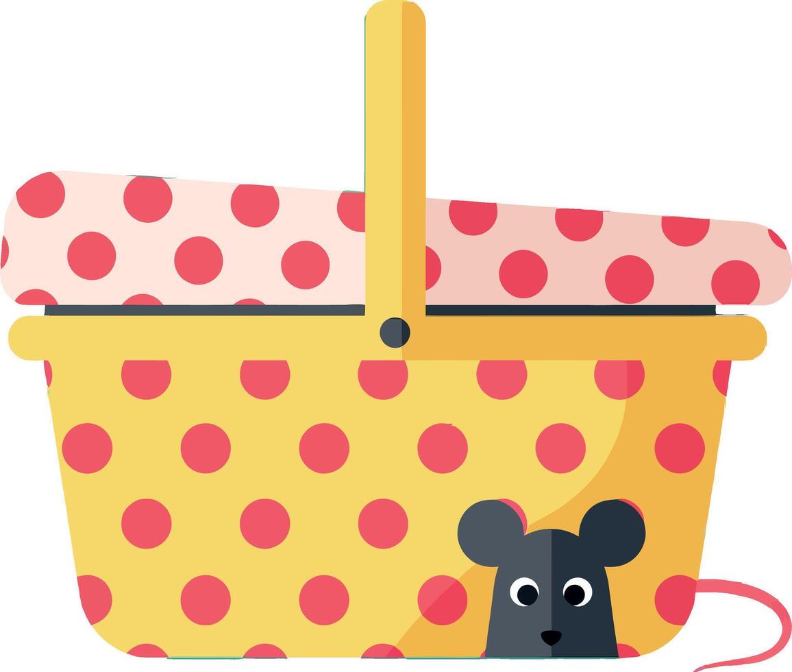 Yellow picnic basket with red polka dots and a cute black mouse, flat illustration vector