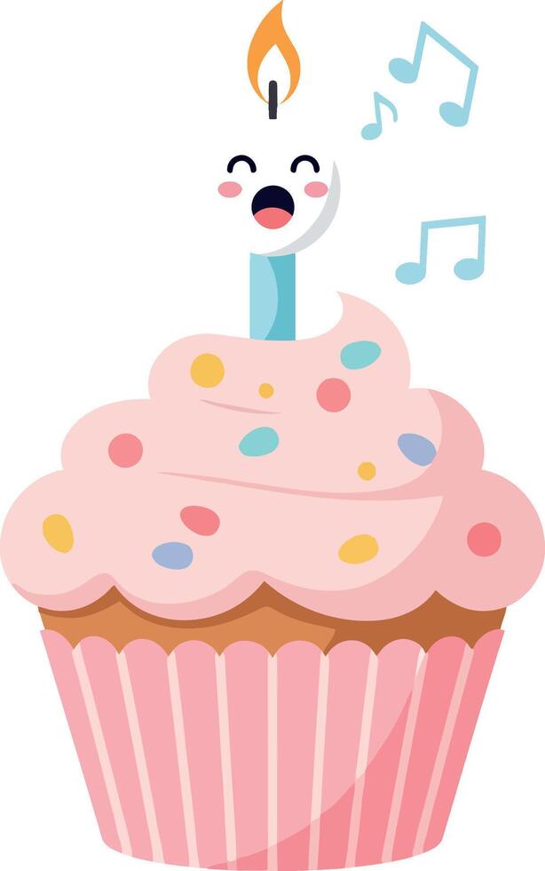 Cute pink cupcake with a smiling face, colorful sprinkles, and a lit candle in a flat illustration vector