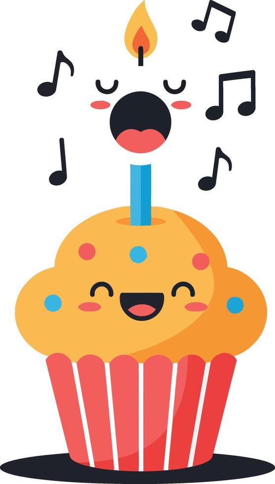 Happy cartoon cupcake with lit candle and musical notes in flat art vector