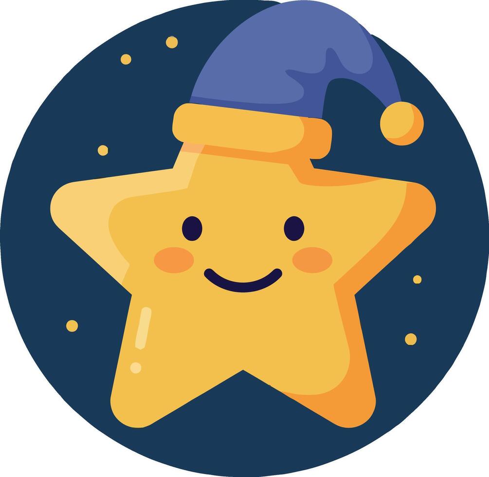 Happy yellow star character wearing a blue hat in a playful flat illustration vector