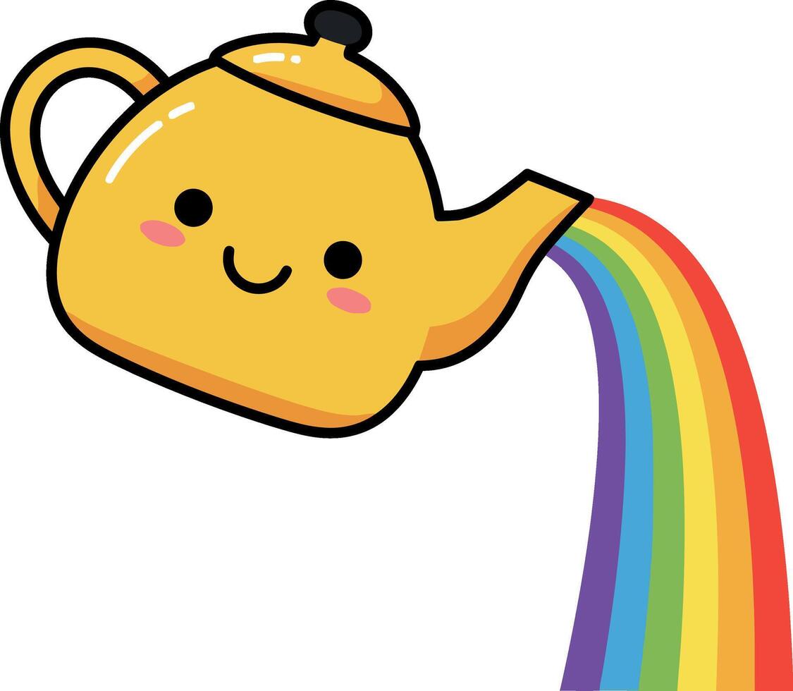 Whimsical yellow teapot pouring a vibrant rainbow in a playful flat illustration vector