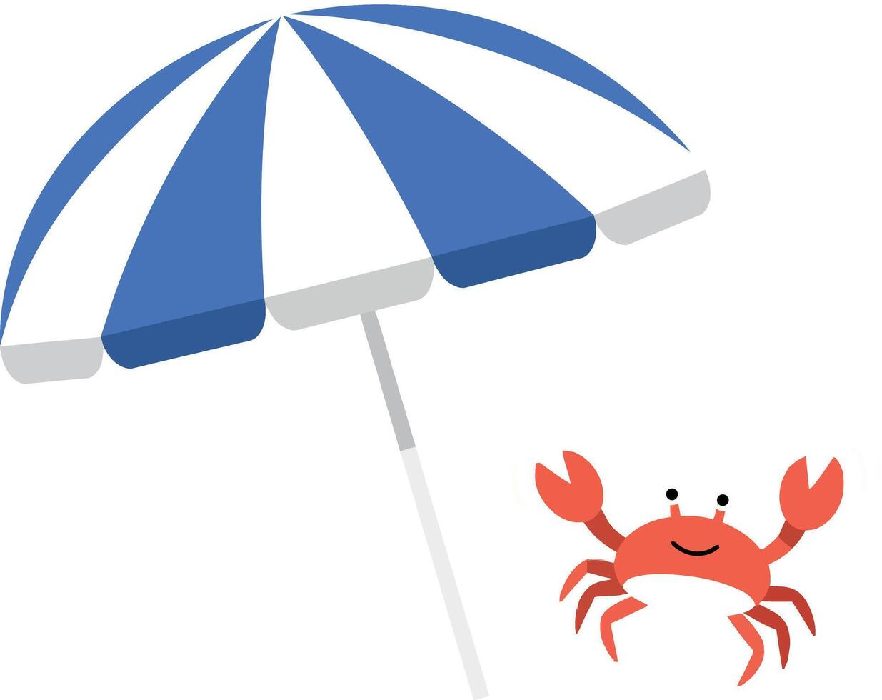 A cheerful red crab under a blue and white striped beach umbrella in flat art vector