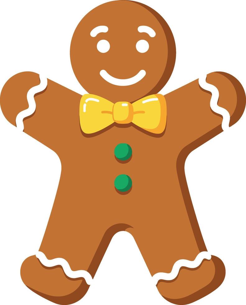 Cheerful gingerbread man character with a yellow bow tie in flat art vector