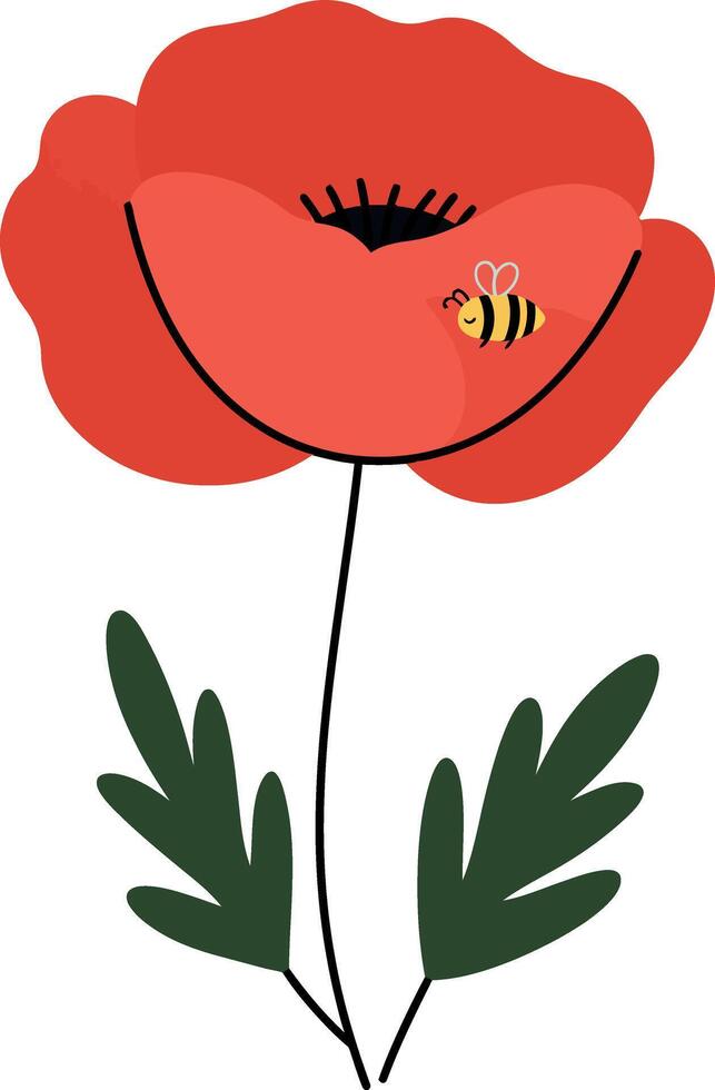 Red poppy flower with green leaves and a buzzing bee in flat art vector