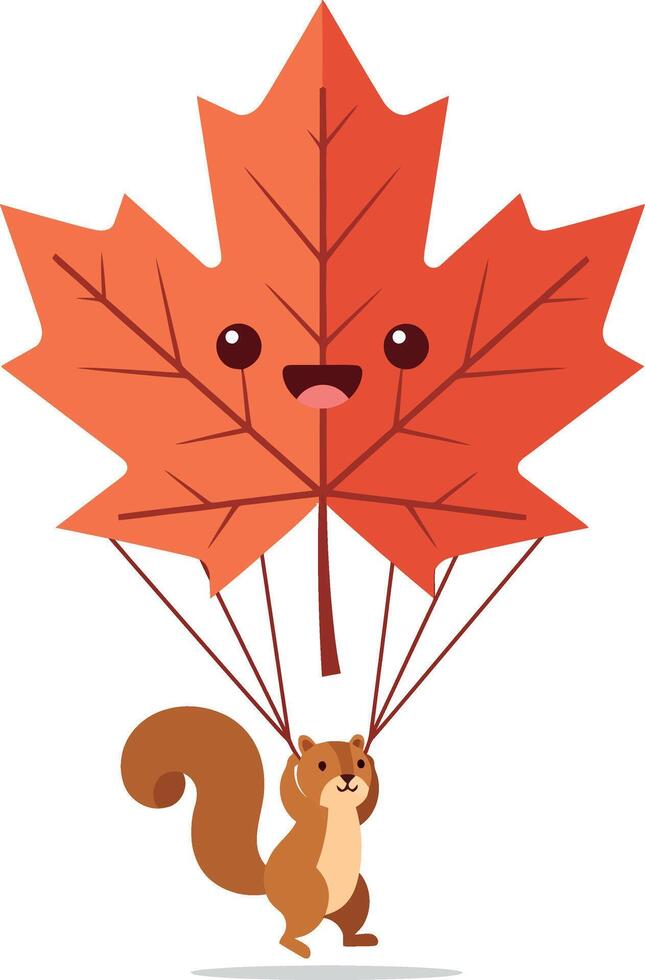 A cheerful squirrel flying with a large orange leaf parachute in a flat art style vector