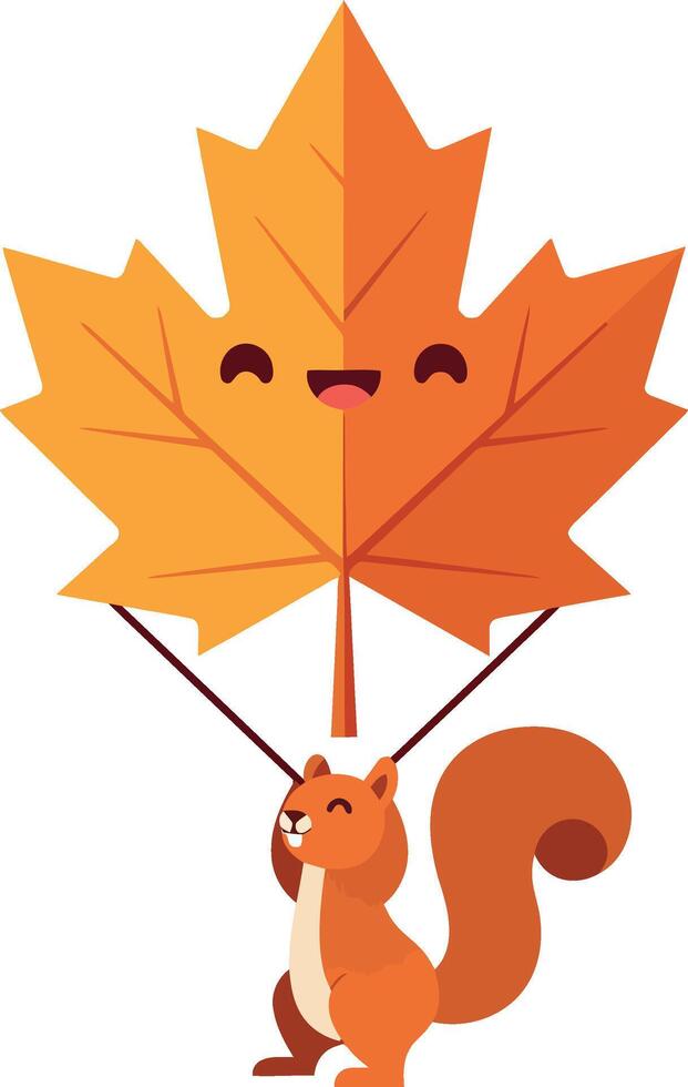 A cheerful squirrel holding a large smiling maple leaf in a playful flat illustration vector