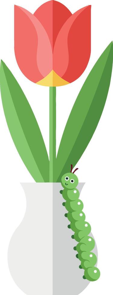 Green caterpillar resting on a vibrant red tulip in a modern vase illustration vector