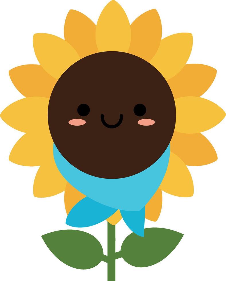 Cheerful sunflower character with a smiling face and blue scarf in a minimal illustration vector