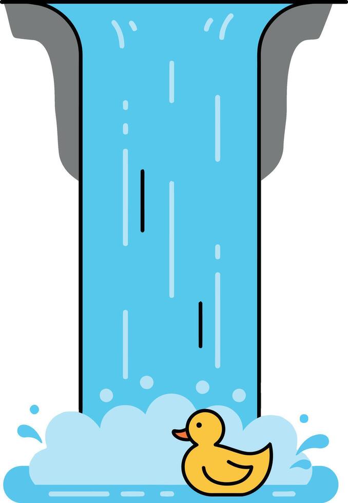 A cheerful yellow duck swimming beneath a cascading waterfall in flat art vector