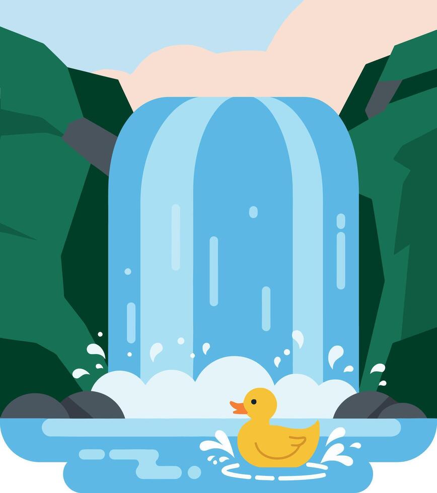 A cheerful yellow rubber duck swimming in a serene waterfall scene, flat art vector