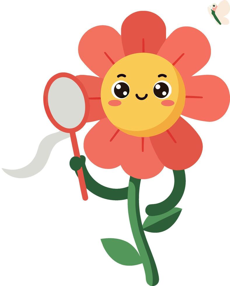 Happy flower character holding a butterfly net in a playful, colorful, flat illustration vector