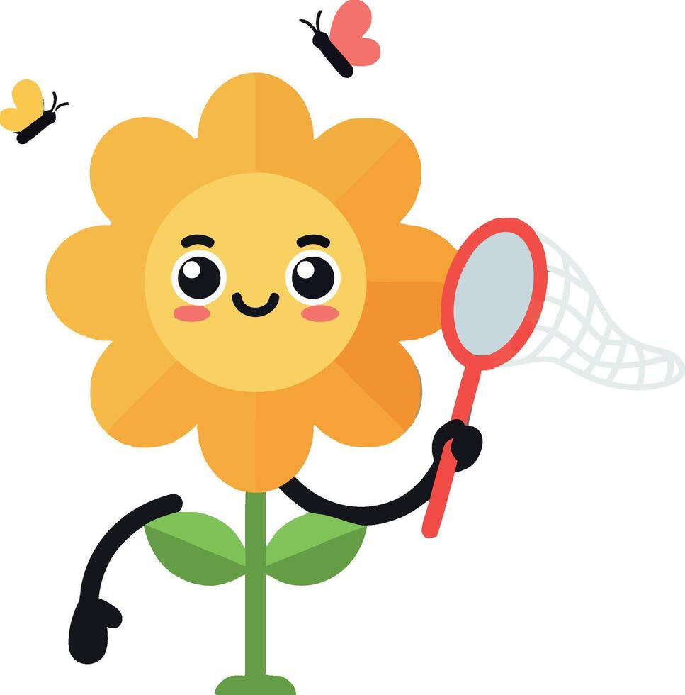 Happy flower character holding a net chasing butterflies in a playful flat illustration vector