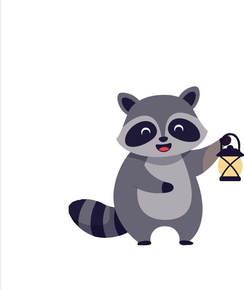 Happy raccoon holding a lantern in a playful manner, minimal flat illustration vector