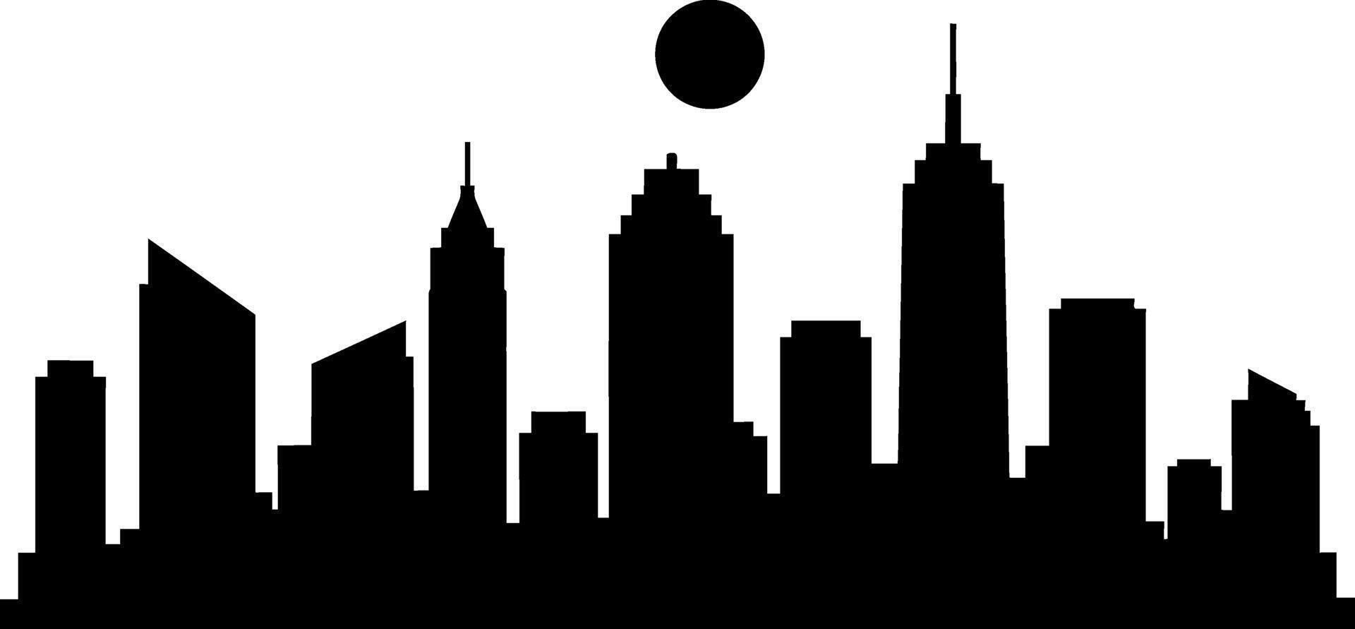 Skyline silhouette featuring iconic buildings in a flat, minimal style against a rising sun art vector