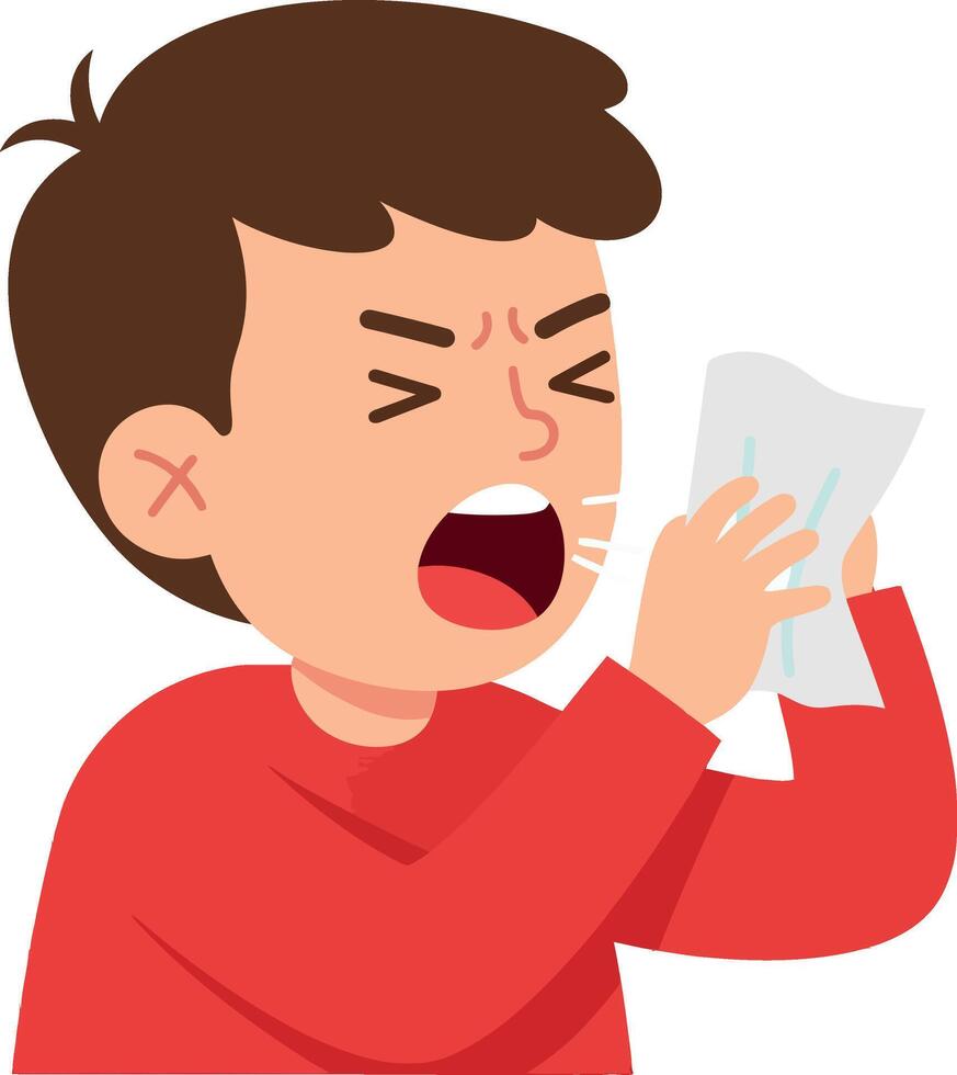Young boy sneezing into a tissue wearing a red shirt in flat illustration vector