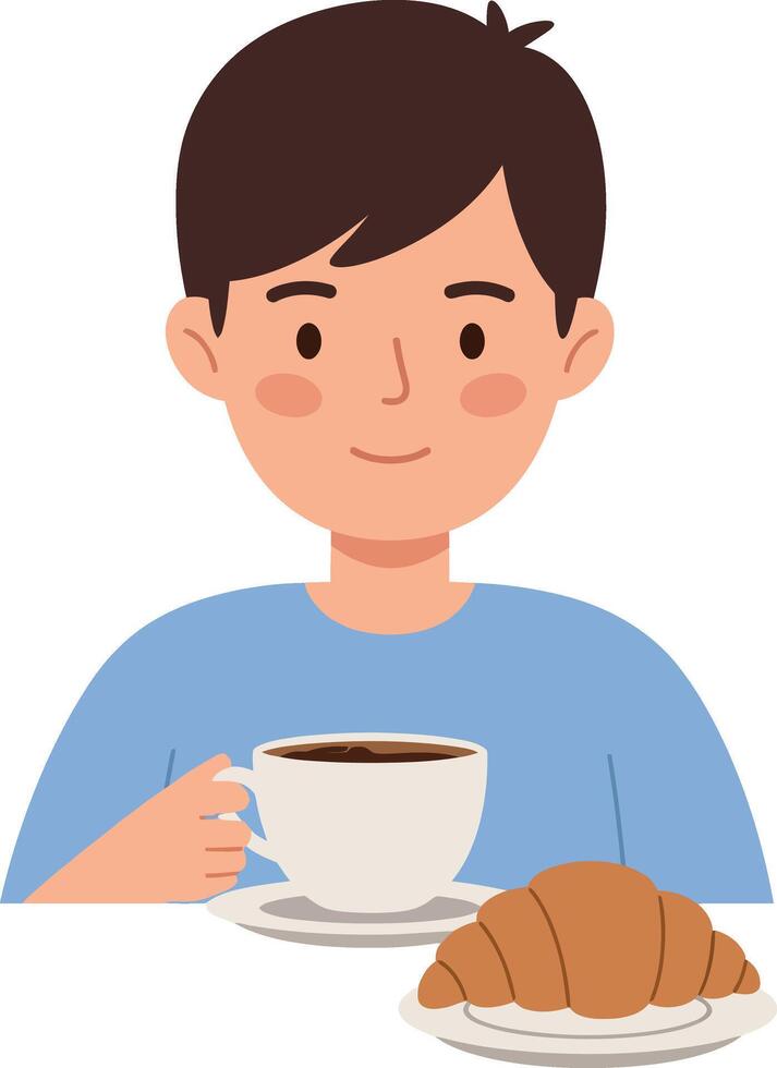 A young boy enjoying a warm cup of coffee with a croissant in a flat illustration vector