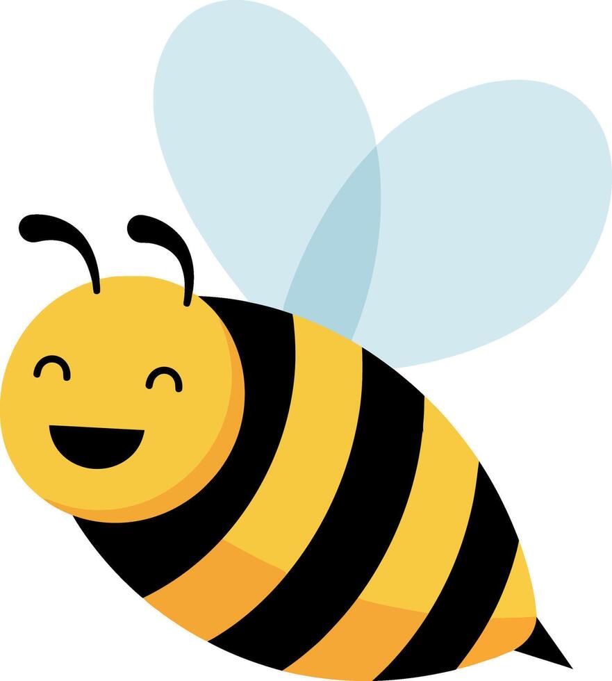 Happy cartoon bee with smiling face and blue wings in flat art vector