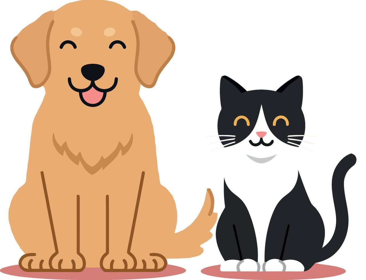 Happy golden retriever and playful black and white cat in flat art vector