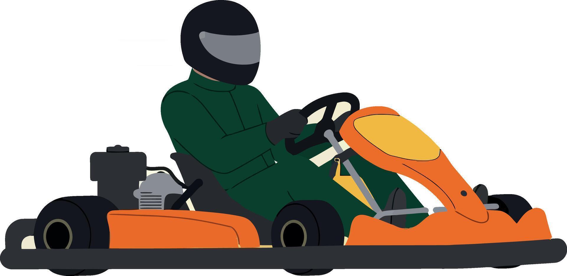 Go-kart racer in green suit with helmet driving an orange kart in flat art vector