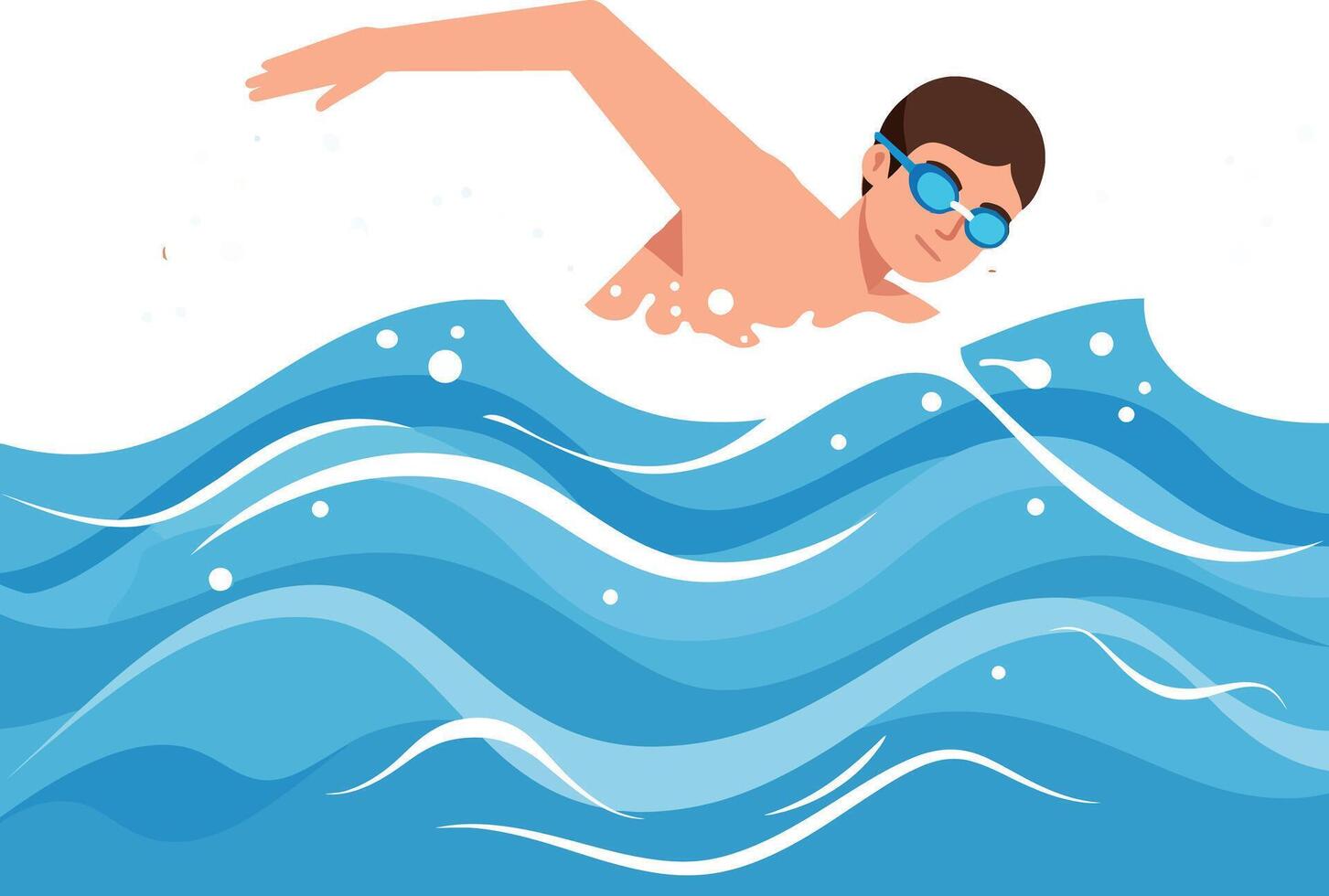 A young man swimming in blue waves with bright goggles in a flat illustration vector