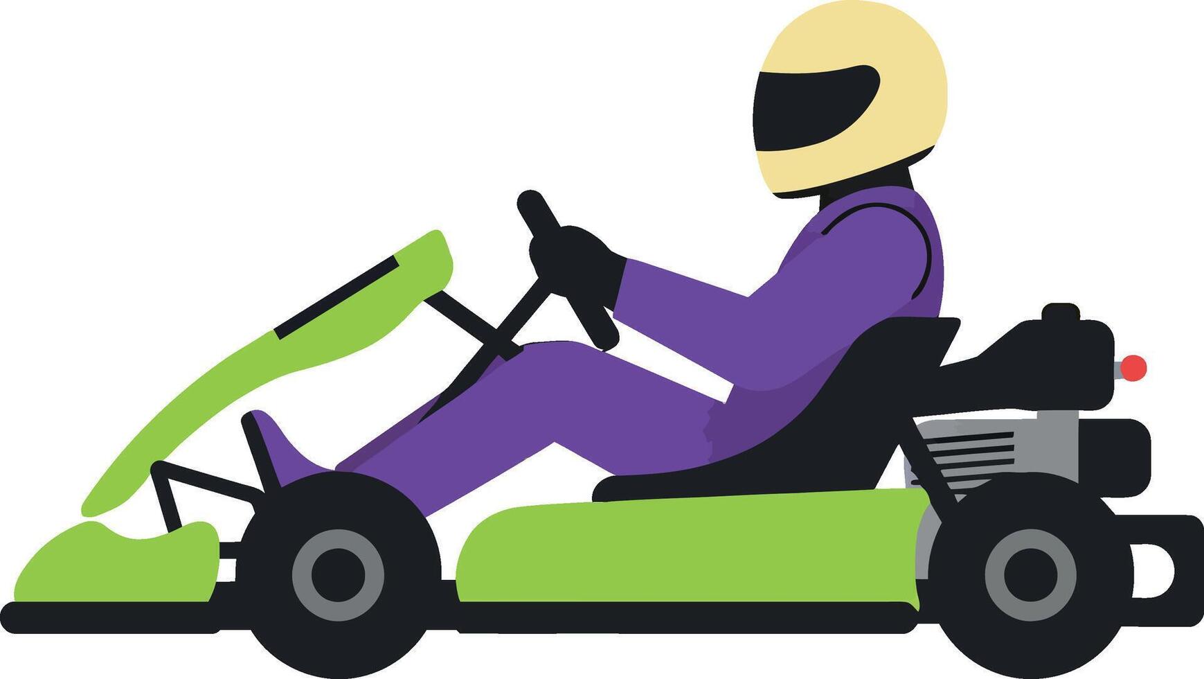 Go-kart racer in green and purple outfit driving a vibrant go-kart in flat art vector