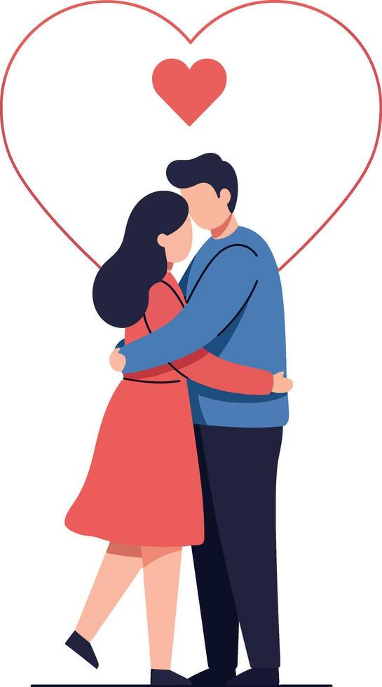 Loving couple embracing in a heart shape outline, flat illustration vector