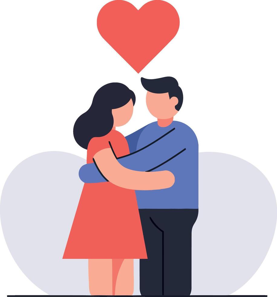 Couple embracing warmly with a heart symbol above them in flat art vector