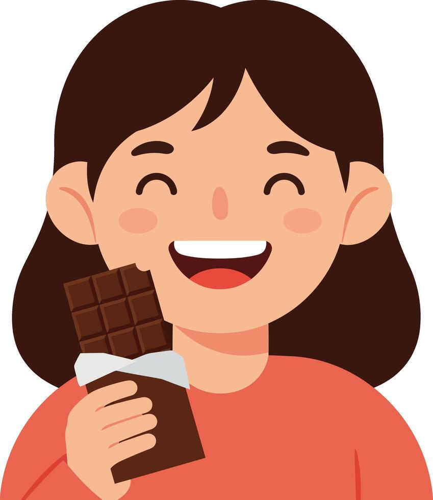 Happy girl with brown hair enjoying chocolate bar in flat illustration vector
