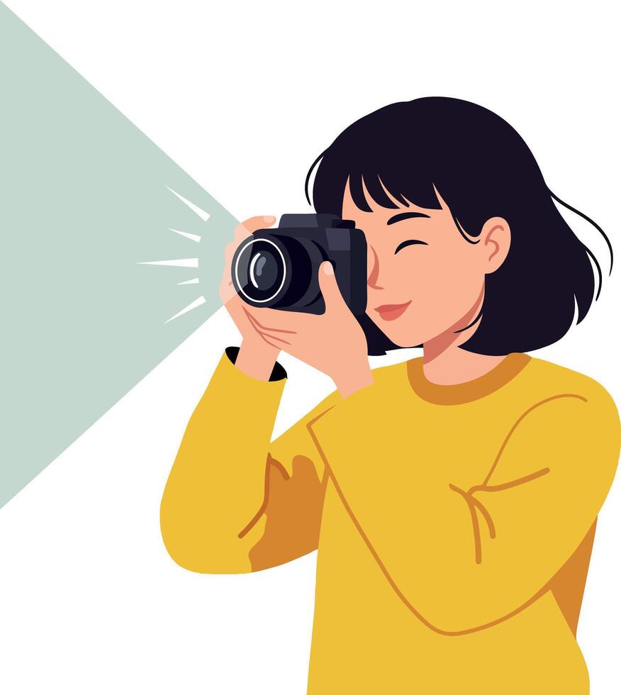 A young woman joyfully capturing moments with a camera in a flat illustration vector