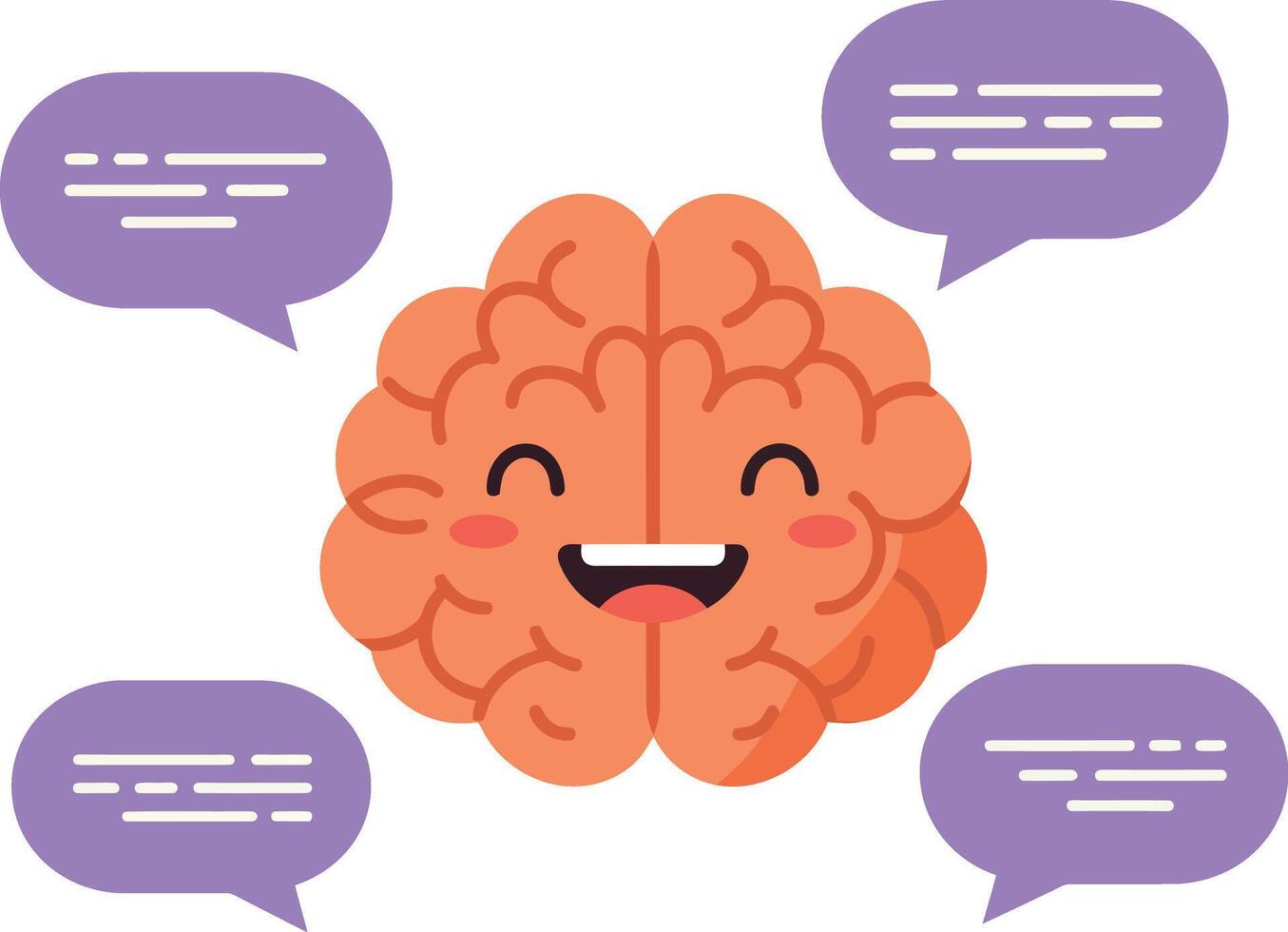 Happy brain character with speech bubbles in a flat and colorful illustration vector