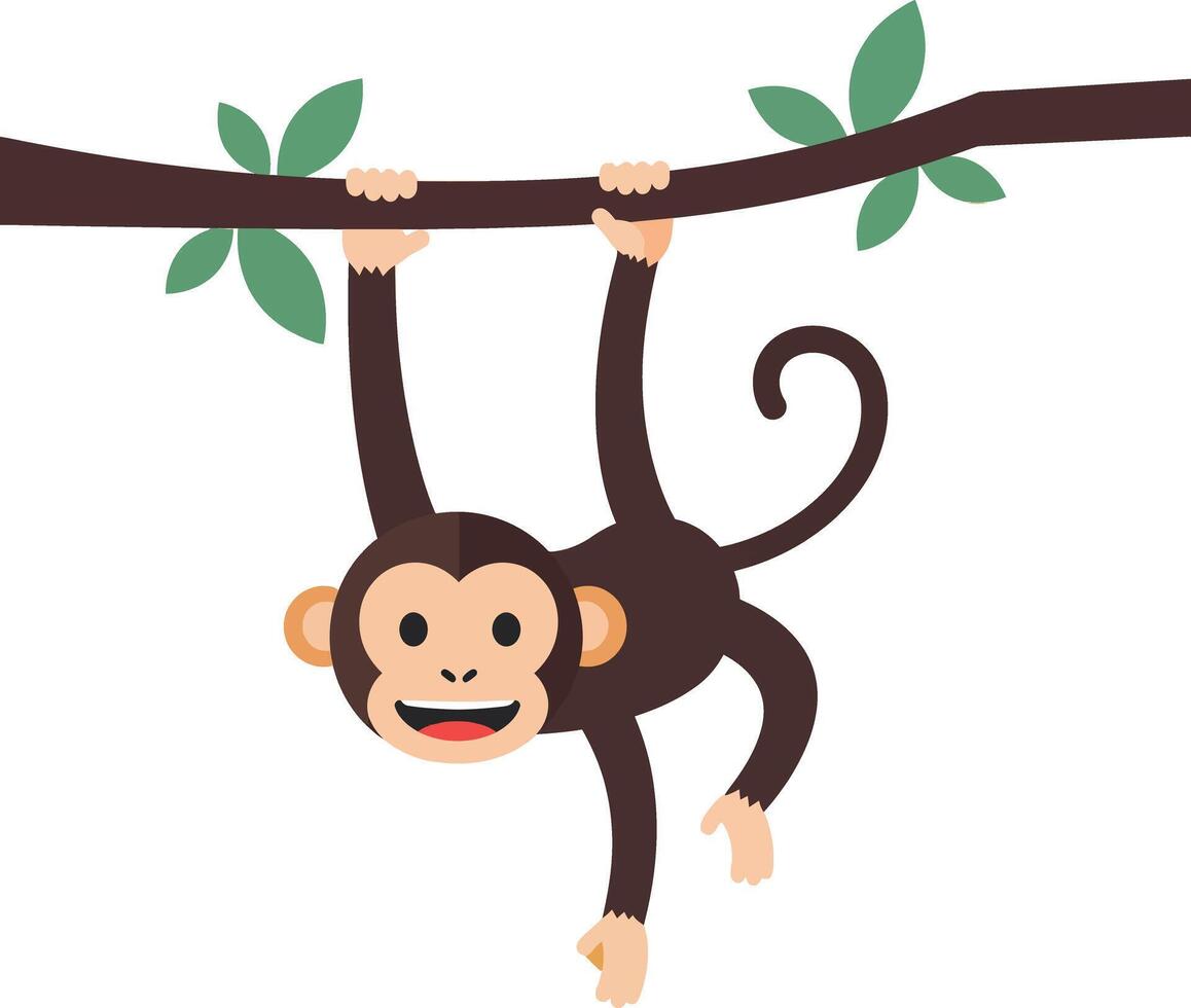 Cute monkey hanging upside down from a branch in flat art style vector